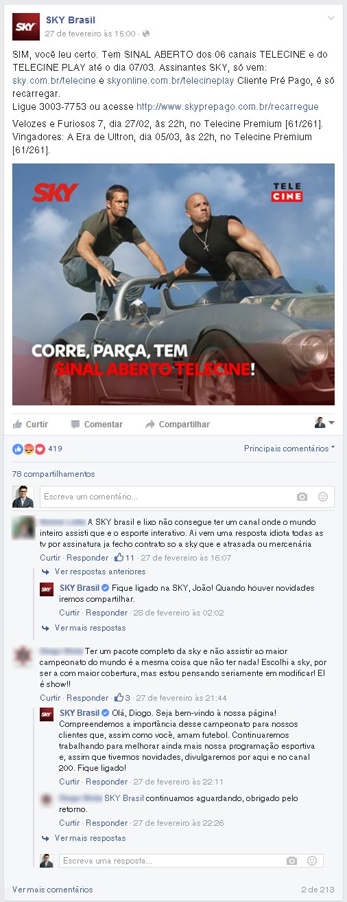 atendimento sky nas redes sociais