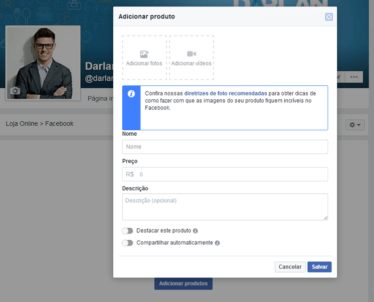 cadastrar produto - como vender no facebook