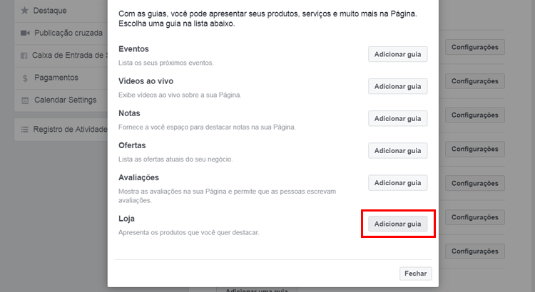 adicionar loja no Facebook