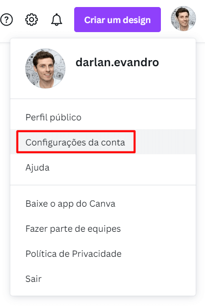 configuracoes da conta canva