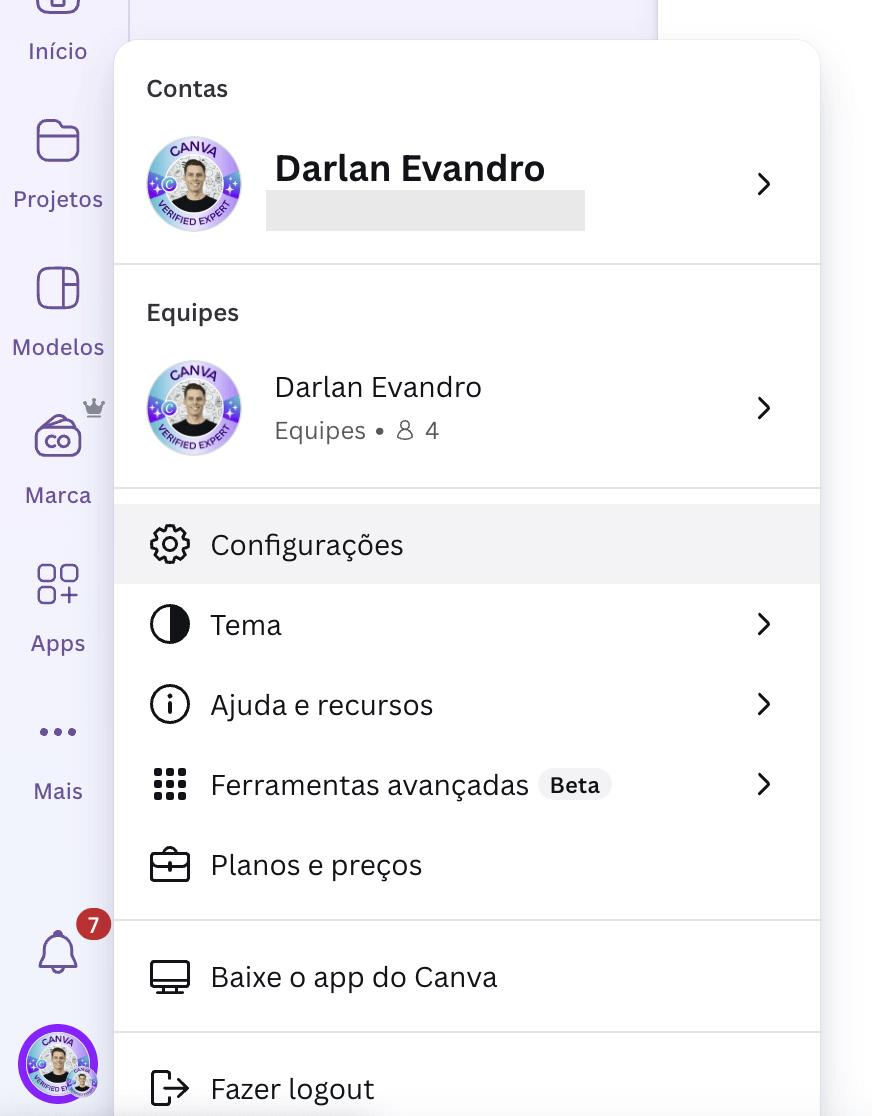 configurações do Canva