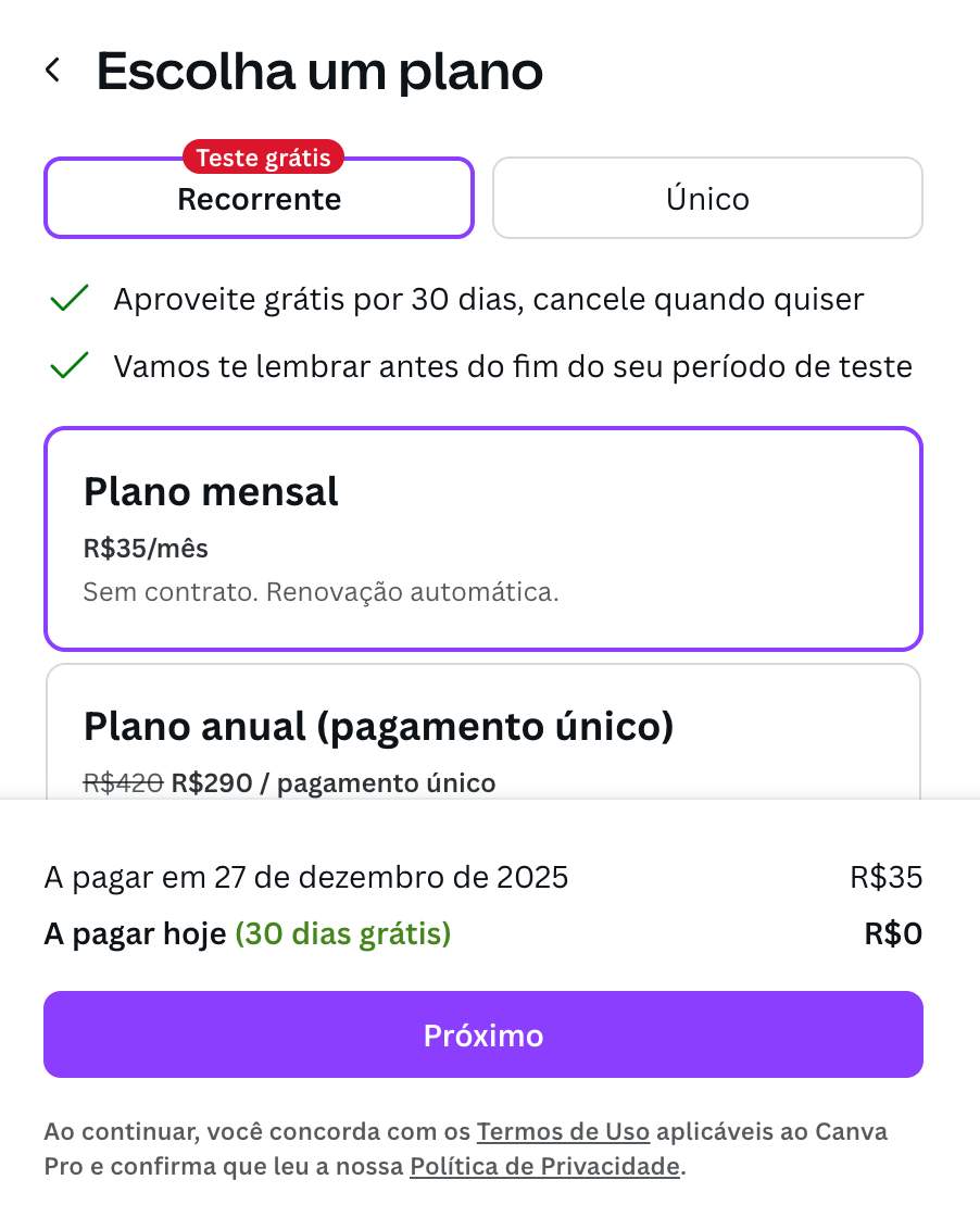 forma de pagamento e plano Canva