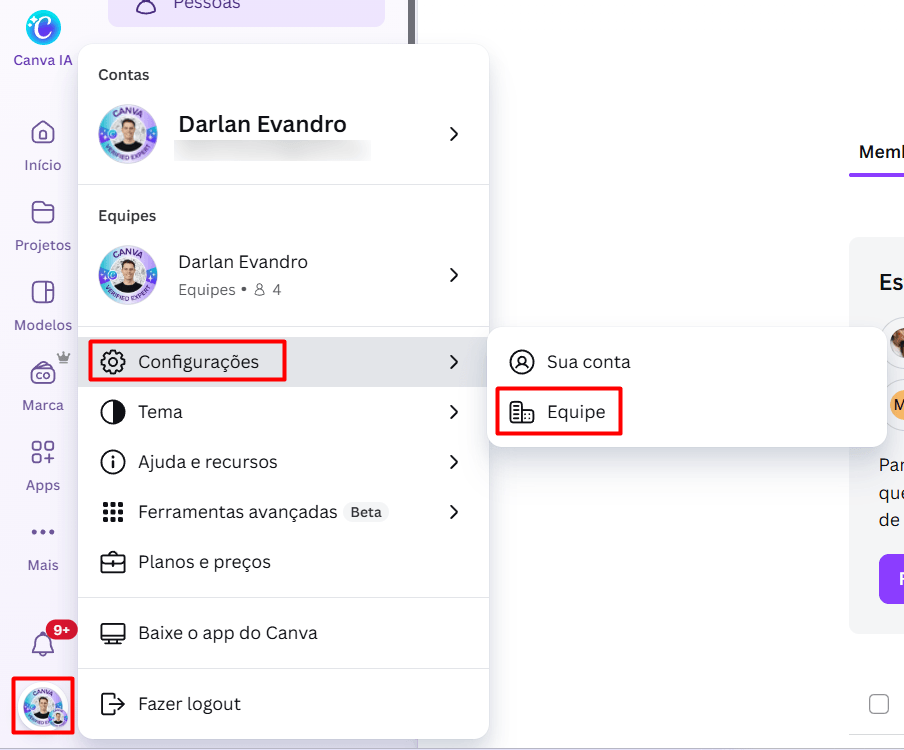 configuracoes da conta Canva